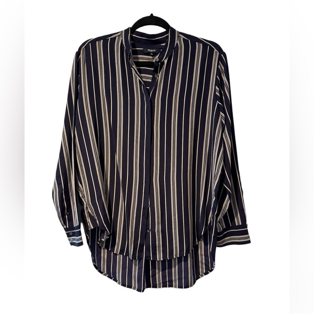 Madewell Silk Blouse Oversized Women Size Small Navy Blue and Ivory Stripes - Picture 3 of 12